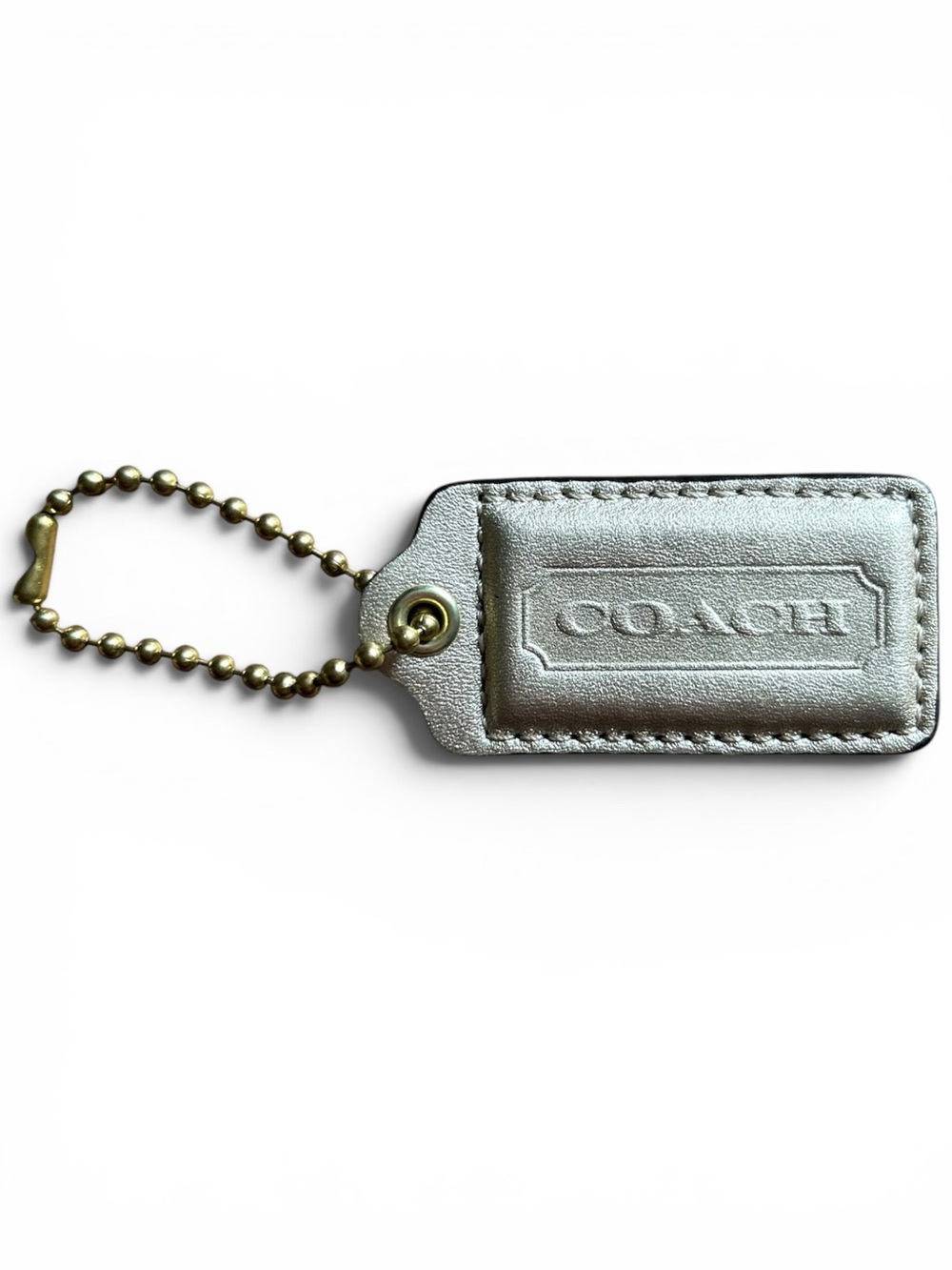 Coach Metallic Gold Leather Tag Keychain with Brass Chain